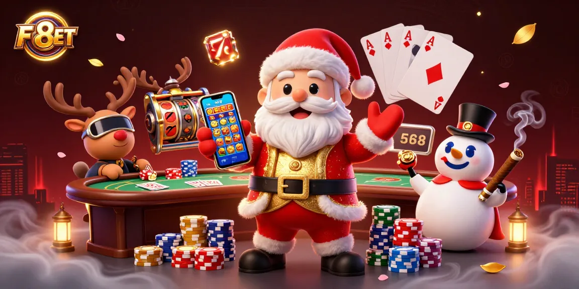 Celebrate winning moments at F8BET with Santa and friends in a vibrant casino scene.