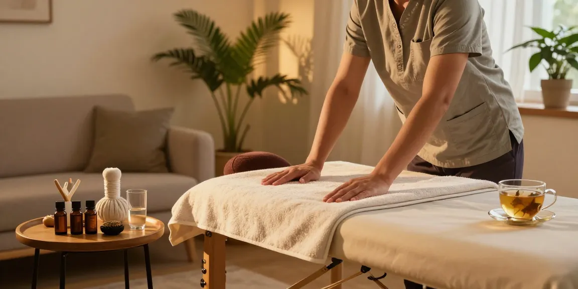 Serene scene showcasing a massage therapist preparing for 부천출장안마, highlighting essential oils and a calming atmosphere.