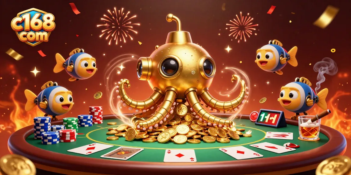 Engage with immersive gameplay at c168 com featuring a golden kraken and poker action.